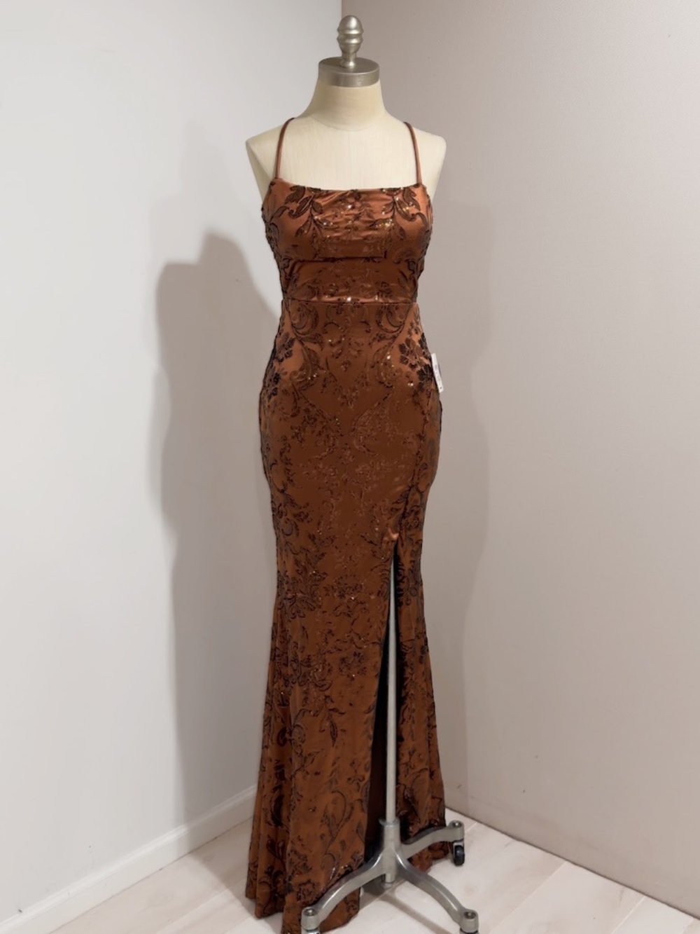 Windsor Women's Copper Brown Sequin Side Slit Maxi Gown Formal Dress Size XS